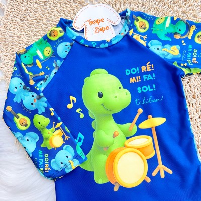 Linha Praia - Conj. Blusa Dino Do, Ré, Mi e Sunga com ProtçãoUV50+ - Marinho